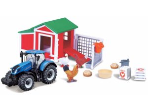 BBURAGO FARMLAND PLAYSET - CHICKEN COOP WITH NEW HOLLAND T7.315 HD TRACTOR -Escala  10 CM