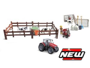 BBURAGO FARMLAND PLAYSET - ALIMENTAÇÃO DE VACA COM MASSEY FERGUSON TRACTOR Escala 10 CM